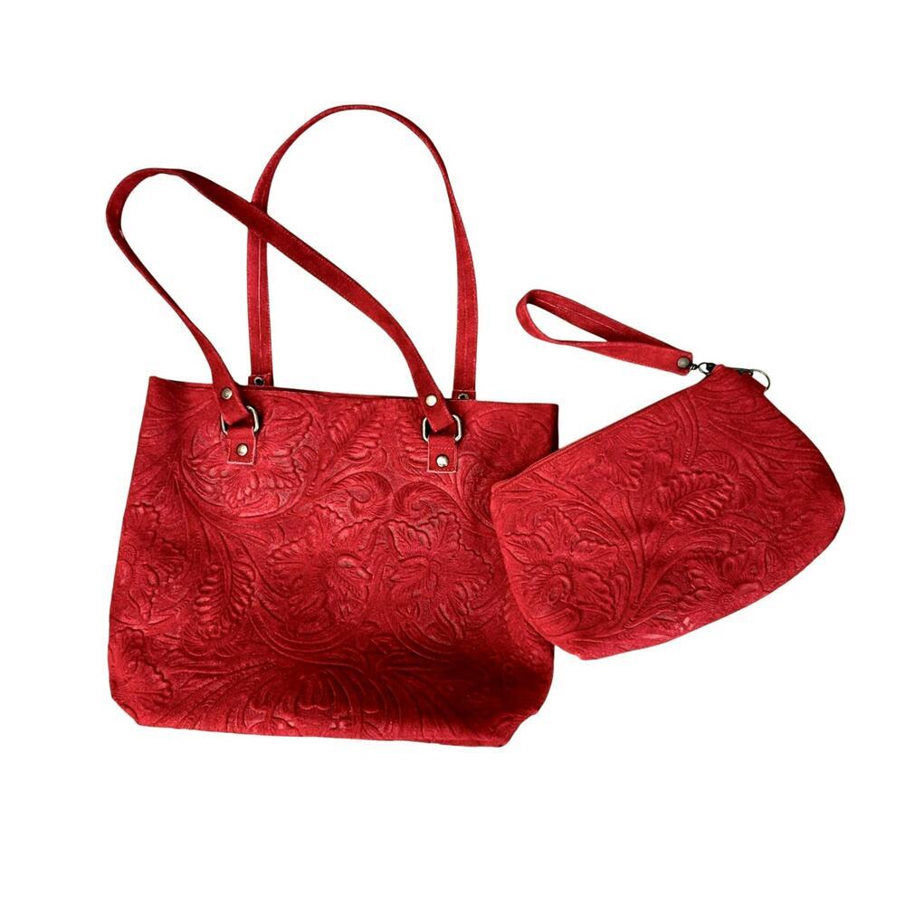 Handmade Womens Genuine Suede Leather Shoulder Tote Bag with Cosmetic Purse Red